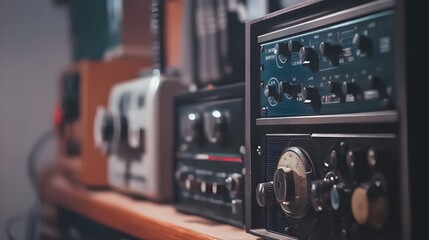 Vintage space communication equipment in a dimly lit room, symbolizing the intersection of old technology and new frontiers, where the past meets the future in a quest for knowledge and exploration.