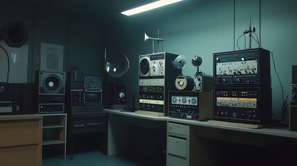 Vintage space communication equipment in a dimly lit room, symbolizing the intersection of old technology and new frontiers, where the past meets the future in a quest for knowledge and exploration.