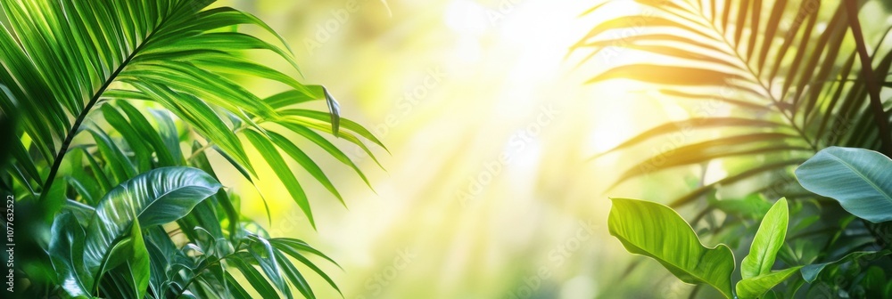 Aufkleber sunlight breaks through the dense canopy, illuminating green leaves and casting beautiful patterns o