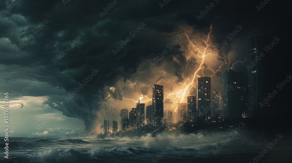 Poster Heavy clouds roll in over the coastal city as lightning strikes, creating a dramatic contrast against the skyline during twilight. Generative AI