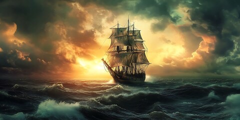 Sailing Ship in Dramatic Stormy Seascape at Sunset
