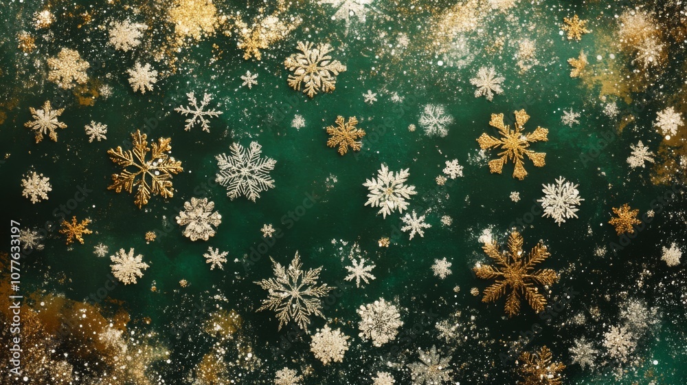 Aufkleber several silver and gold snowflakes are scattered on a dark green background with a sparkle effect.