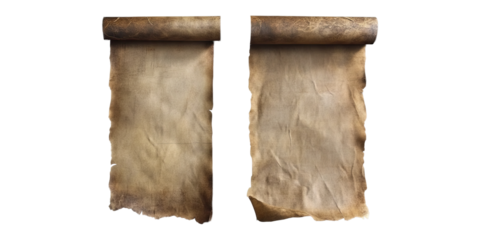 Old parchment paper roll isolated on transparent background, ai