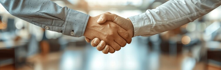 Businessmen Shaking Hands in Bright Office, Partnership, Deal, Cooperation, Panoramic Banner