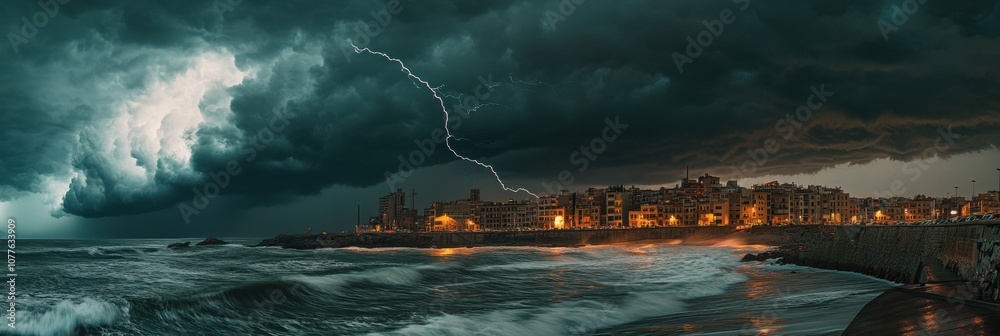 Aufkleber dark clouds gather and lightning illuminates the coastal city, while waves crash against the shore, 
