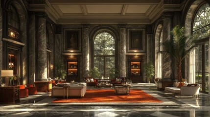 Obraz premium Elegant interior of a luxurious lobby with marble and natural light.