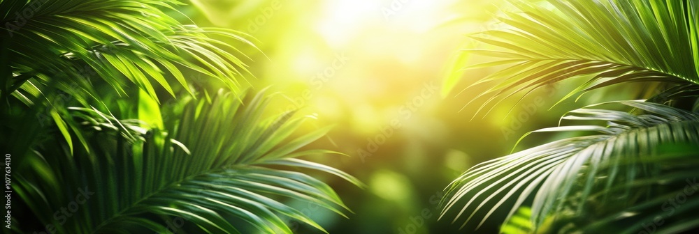 Poster bright sunlight shines through the dense leaves of a tropical forest, creating a warm and inviting a
