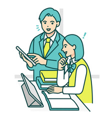 先生と学生服を着た生徒。学校でタブレット使用し勉強を教わるイラスト。