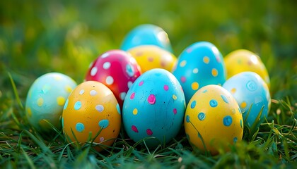 Fototapeta premium colorful eggs with polka dots on grass