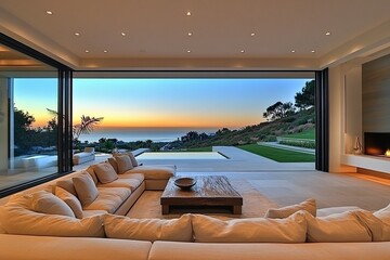 Fototapeta premium minimalist modern very large living room, pocket door to go to a beautiful landscape backyard ,generative ai