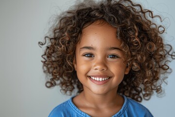 happy mixed race girl child laughing with curly hair wearing blue shirt isolated on white background portrait for ads and web design