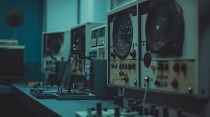 Fototapeta premium Vintage space communication equipment in a dimly lit room, symbolizing the intersection of old technology and new frontiers, where the past meets the future in a quest for knowledge and exploration.