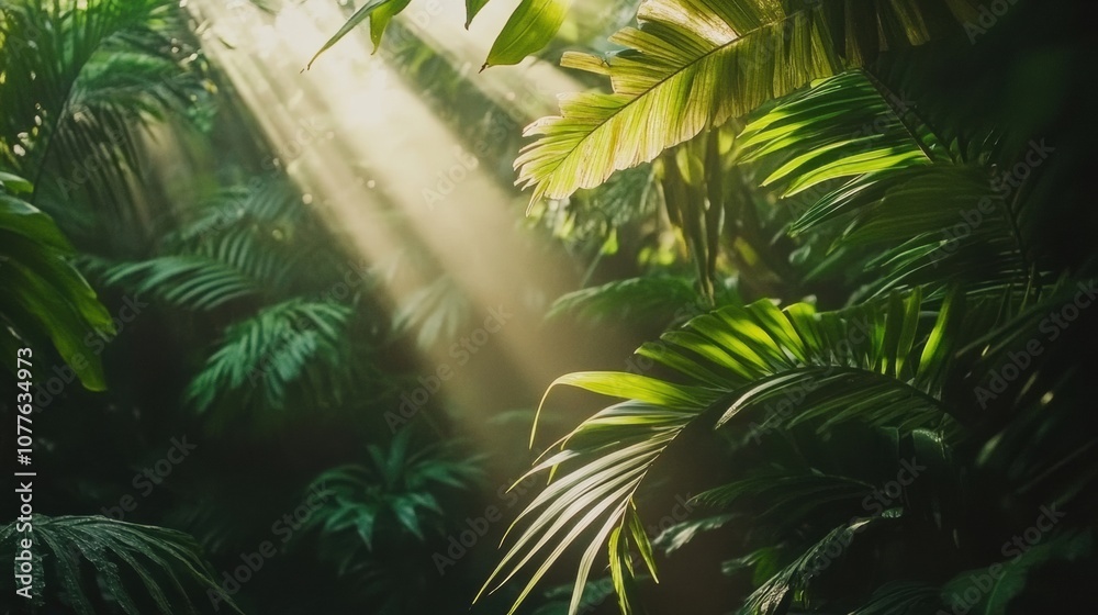 Poster Sunlight streams through the dense canopy of a tropical forest, illuminating rich greenery and creating a tranquil ambiance. Generative AI