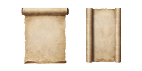 Old parchment paper roll isolated on transparent background, ai
