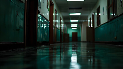 A long hallway with green walls and a green floor