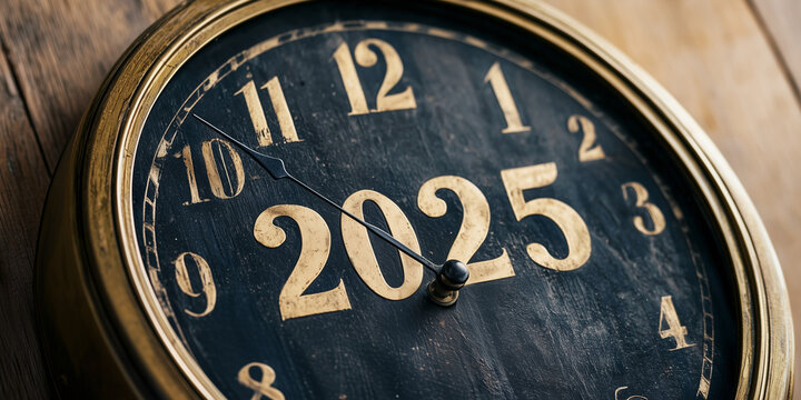 The new year 2025 on an old vintage clock, counting down to the new year, new year header or web banner