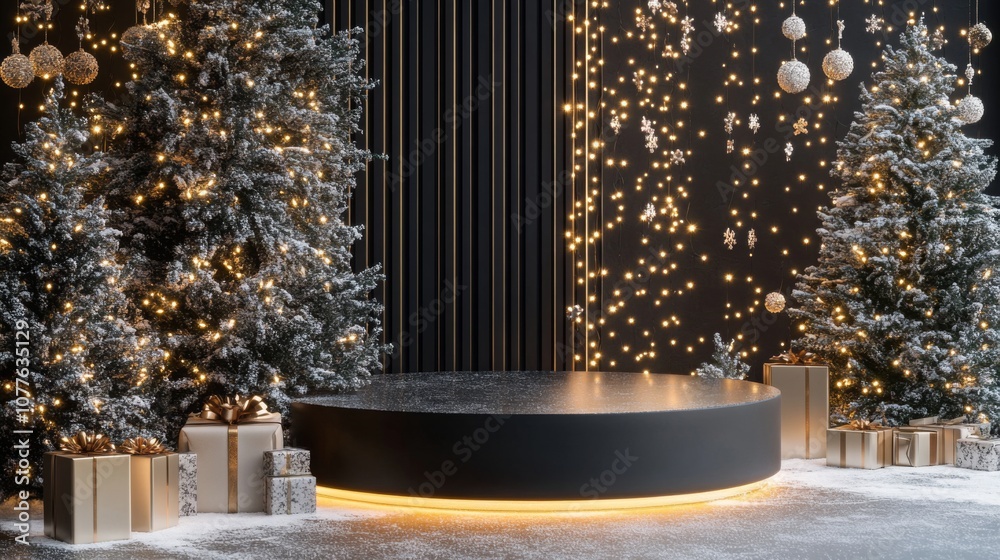 Poster two snow-covered christmas trees with warm white lights are on either side of a black platform with 