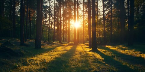 Fototapeta premium Golden Sunset in a Lush Pine Forest