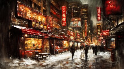 Obraz premium A Snowy Evening in a City Street with Red Lanterns and Silhouettes of People
