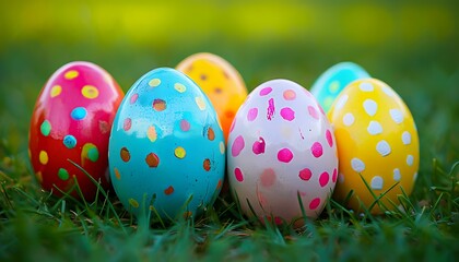 Fototapeta premium colorful eggs with polka dots on grass
