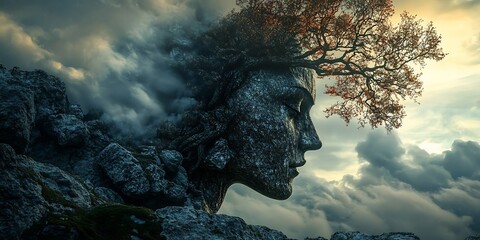 Stone Woman with Tree Growing from Head, Nature & Humanity Concept