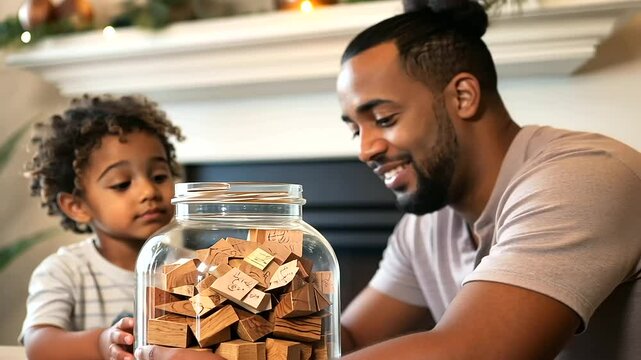 A family embraces a heartwarming tradition by filling a gratitude jar with thankful notes on the mantel.
