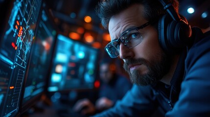 Fototapeta premium A dedicated engineer is deeply engaged in a technical project, wearing glasses and headphones, with multiple computer screens displaying detailed graphics and code.