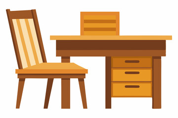  Wooden desk and chair isolated on white Background vector illustration 