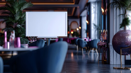 A restaurant with a white board on the wall