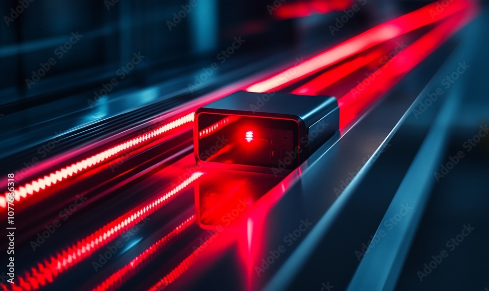 Poster a futuristic black box with a red light on a metal surface, illuminated by red light.