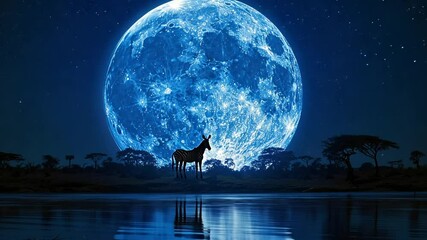 In a quiet savannah setting, a giraffe stands gracefully, framed by a large, bright full moon reflecting in nearby waters under a starlit sky - Powered by Adobe