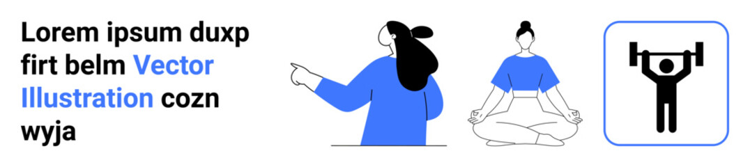 Woman pointing, another person meditating, and icon of weightlifting. Ideal for wellness, mindfulness, fitness, lifestyle, health apps, online courses, and coaching themes. Banner for landing page