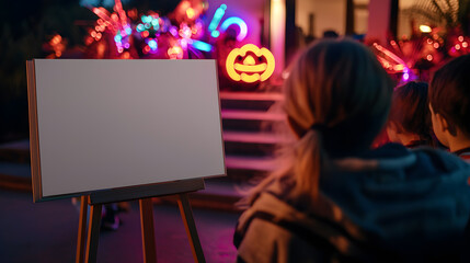 Fototapeta premium A group of people are watching a blank screen with a pumpkin on it