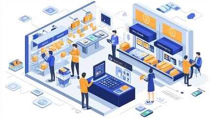 Bustling Marketplace Embracing Digital Payment and Communication Technologies to Engage Customers and Evolve Commerce in the Modern Era