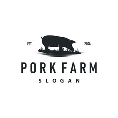 Pig logo grilled pork pig simple rustic stamp vector emblem livestock barbecue BBQ vintage design inspiration