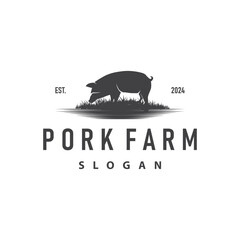Pig logo grilled pork pig simple rustic stamp vector emblem livestock barbecue BBQ vintage design inspiration