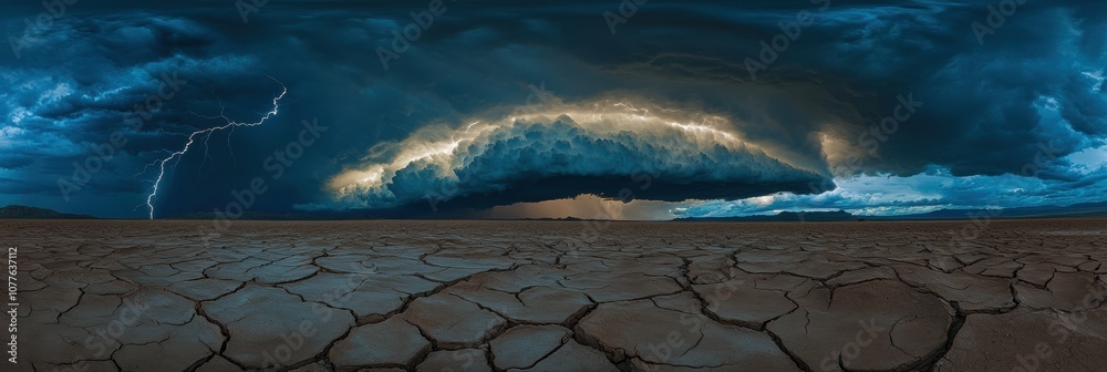 Poster dark storm clouds gather ominously over a dry desert, while lightning strikes illuminate the cracked