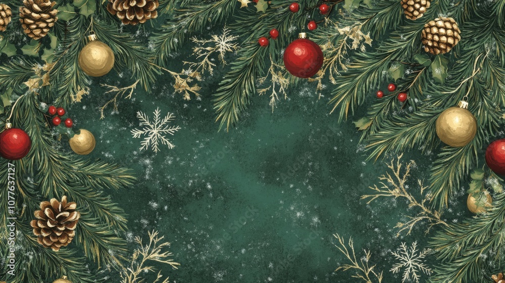 Aufkleber an image of pine branches with red and gold ornaments, pinecones, and holly berries, arranged around