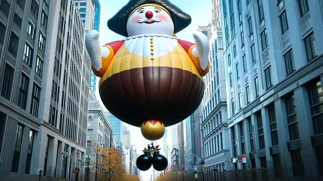 A massive pilgrim-shaped balloon drifts through the city streets in a festive Thanksgiving parade.