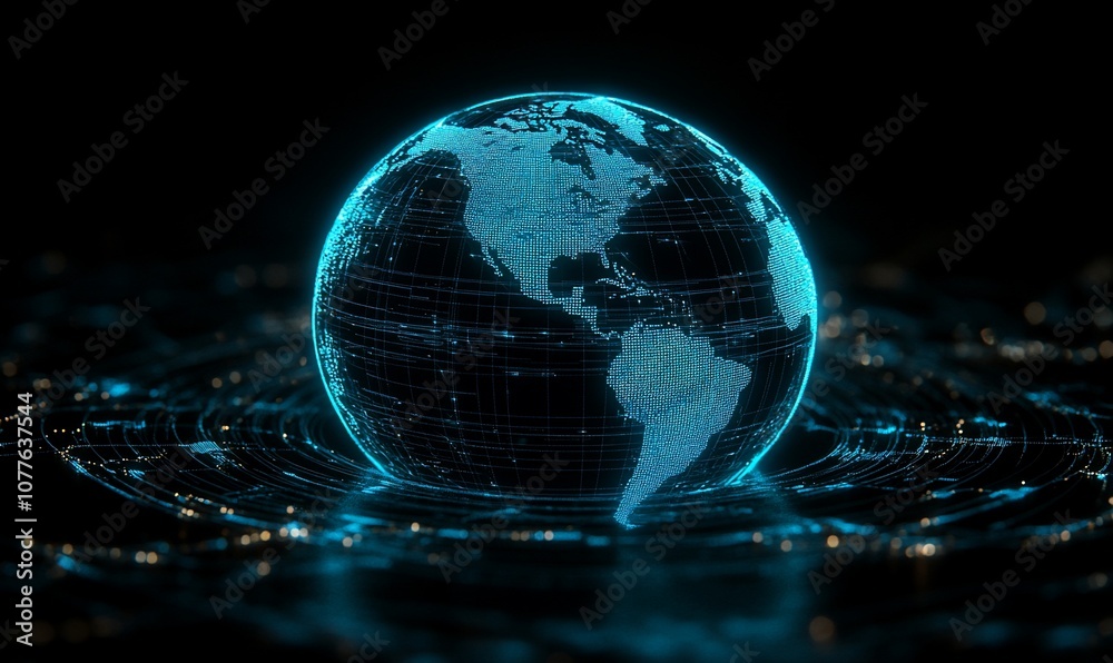 Poster a futuristic, digital globe with glowing blue lines representing connections and data on a black bac