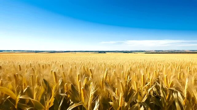 Expansive golden cornfields stretch under a bright blue sky, capturing the essence of autumn's harvest.