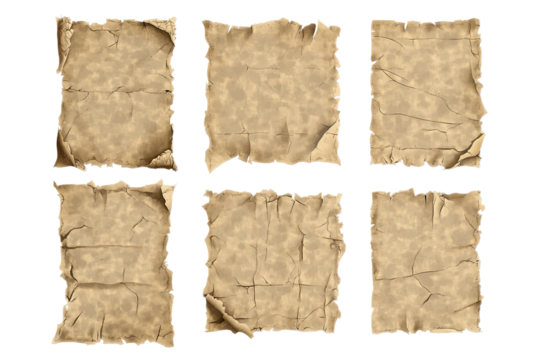 Old vintage paper sheets set with torn edges. Different texture of antique paper or parchment isolated on transparent background, for text , ai