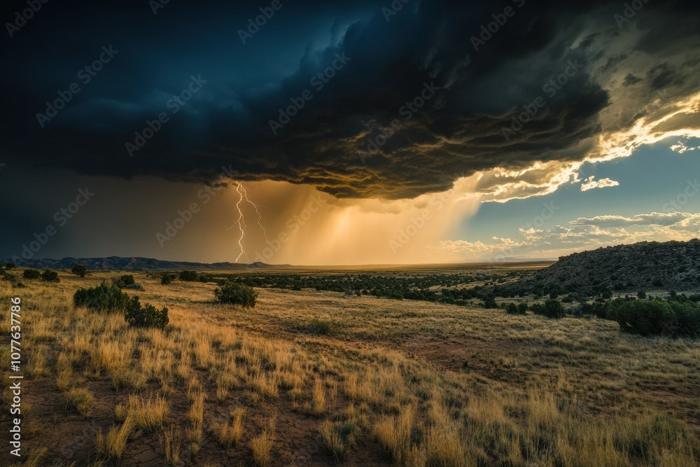 Poster dark clouds gather ominously above the cracked desert floor, with flashes of lightning illuminating 