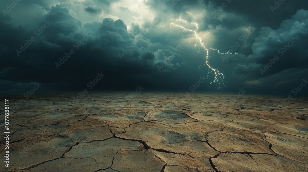 Aufkleber dark clouds gather in the arid desert, while cracks in the ground reveal the dry earth, all illumina