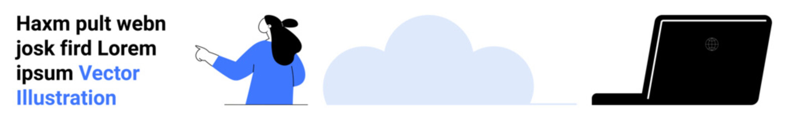 Woman pointing towards cloud next to laptop. Ideal for remote work, cloud storage, technology, online services, digital communication, IT solutions, educational platforms. Banner for landing page