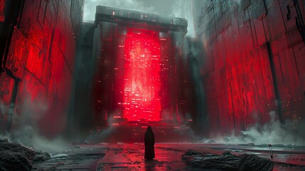 Naklejka premium Futuristic Cityscape with Glowing Red Architecture and Silhouette of a Person