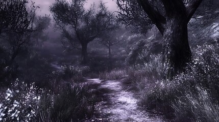 Obraz premium A Path Through a Dark and Misty Forest