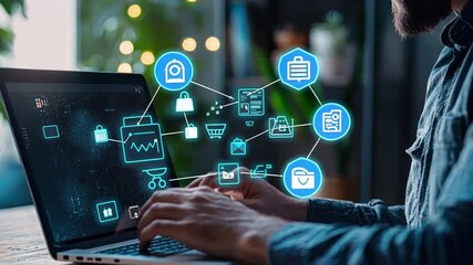 A businessman using an e-commerce platform on his laptop, with virtual product icons and delivery options enhancing the online shopping experience