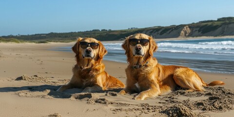 Two Golden Retrievers Wearing Sunglasses on the Beach