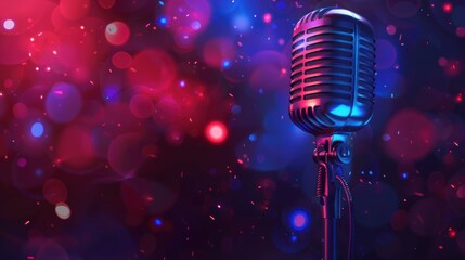 Vintage microphone night flyer design with neon lights and blurred background, AI generated image